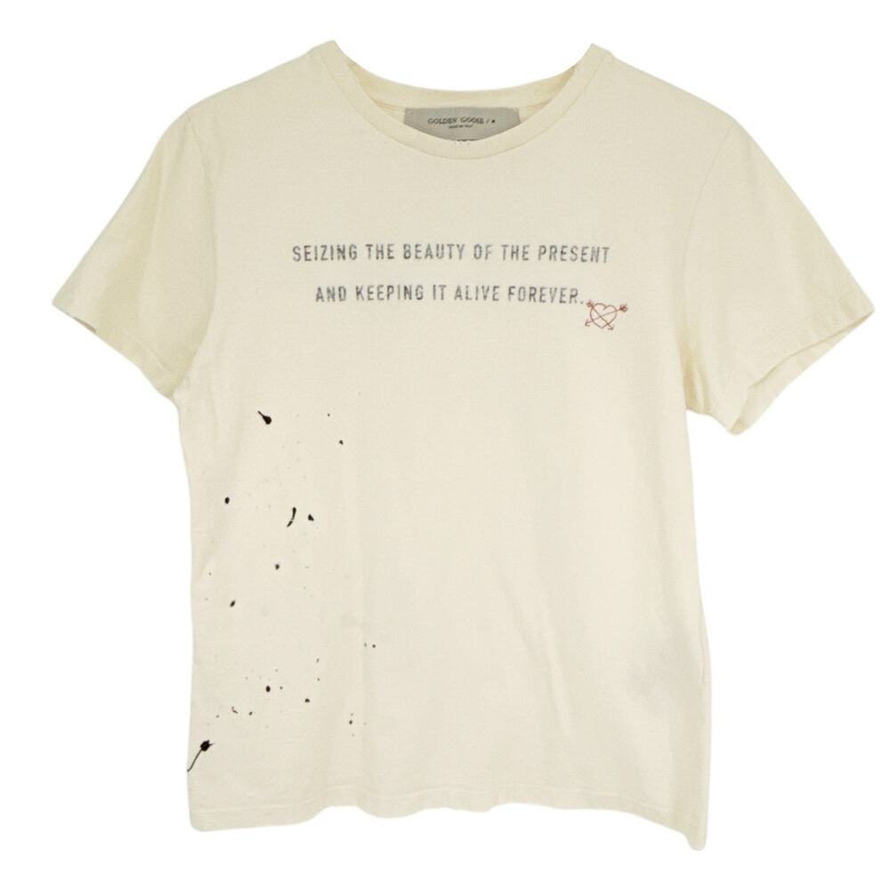 GOLDEN GOOSE Aged White Cotton Tee with Print & Embroidery M - Picture 3 of 10